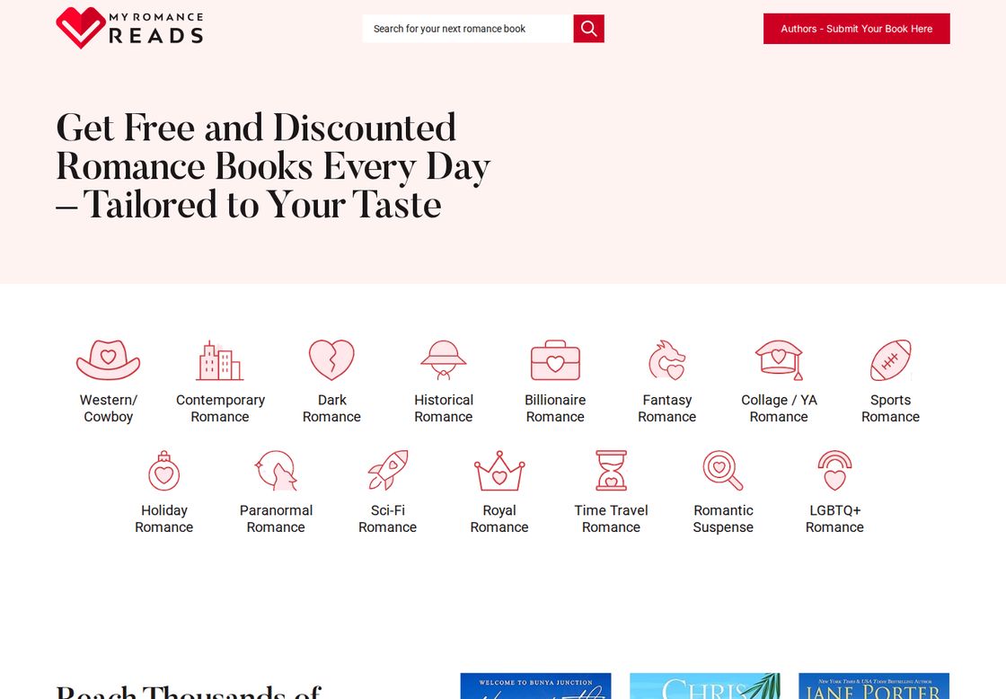 My Romance Reads homepage, first screen