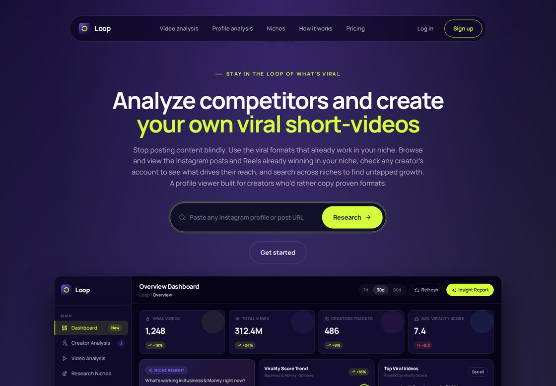 Loop homepage, first screen