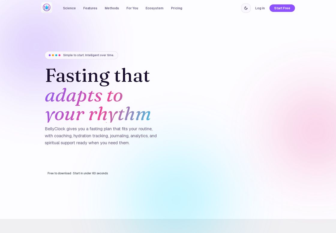 BellyClock homepage, first screen