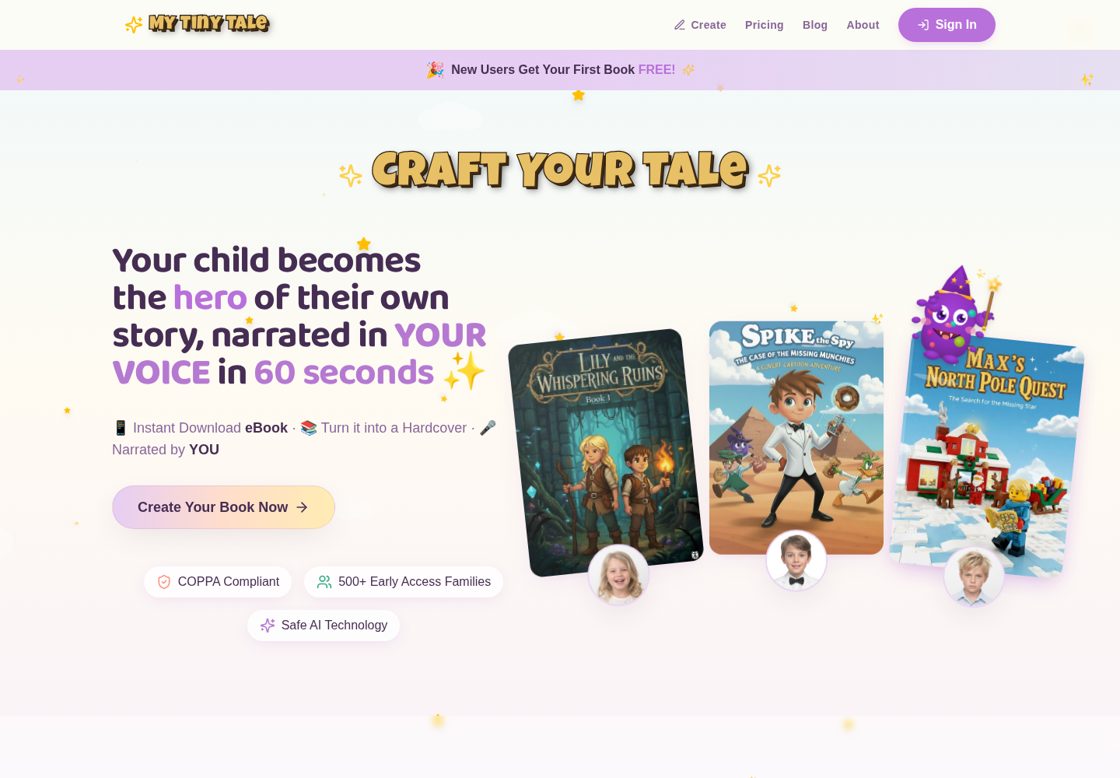 MyTinyTale homepage, first screen