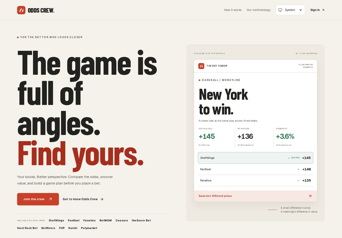 Odds Crew homepage, first screen