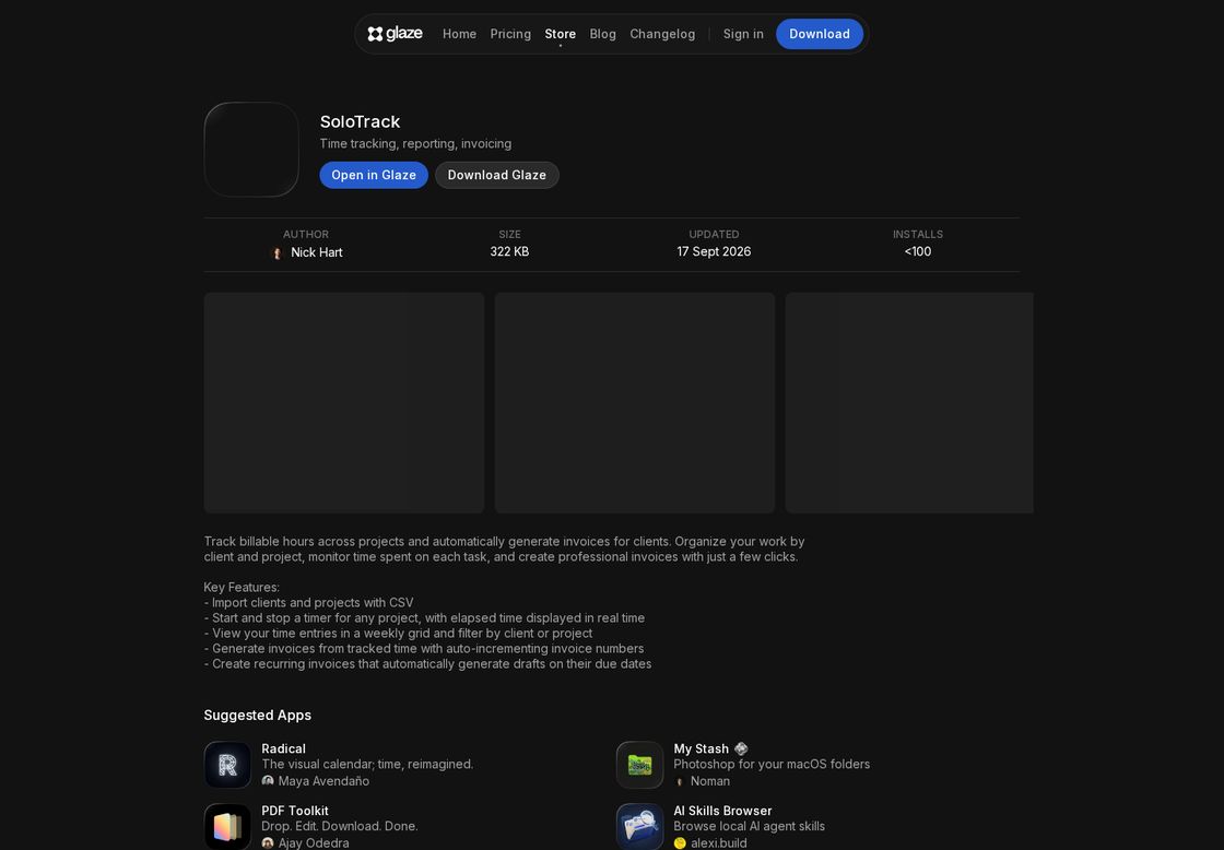 SoloTrack homepage, first screen