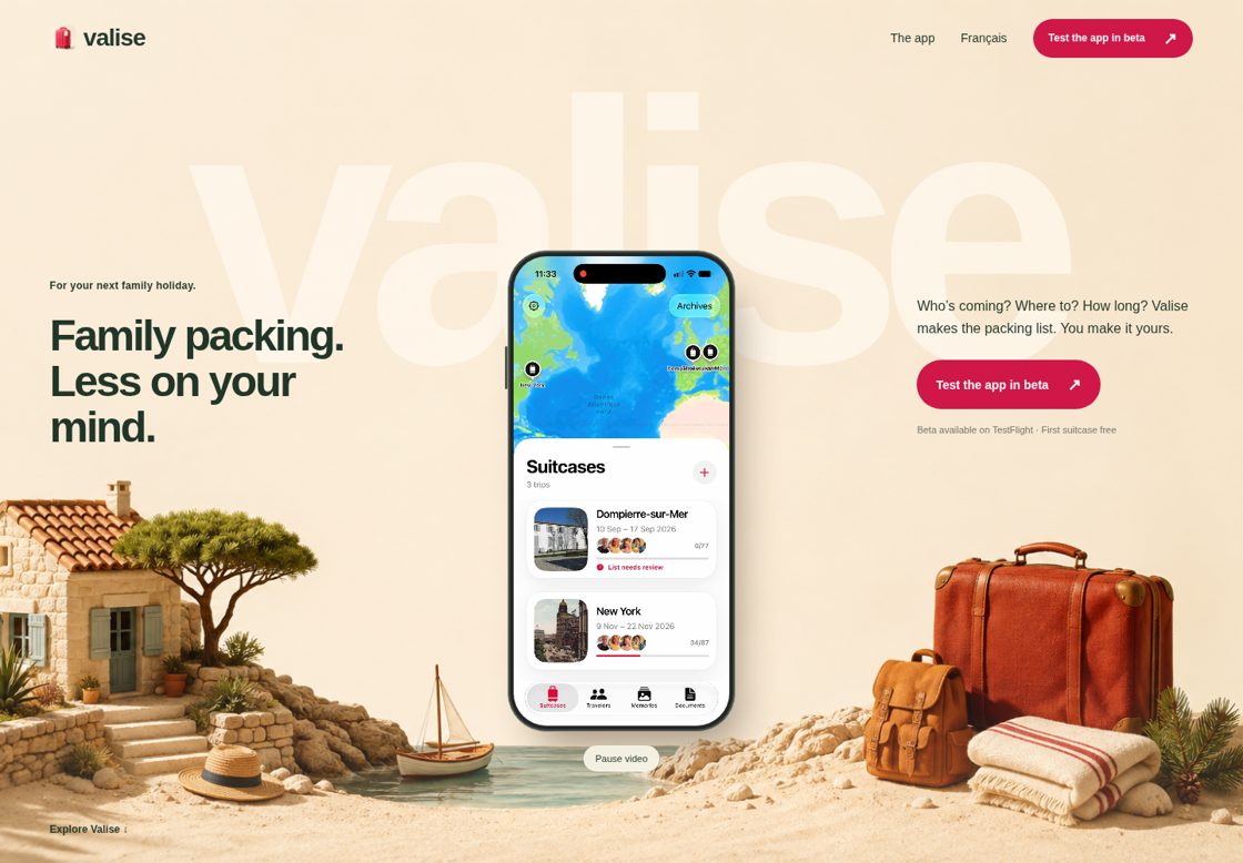 Valise homepage, first screen