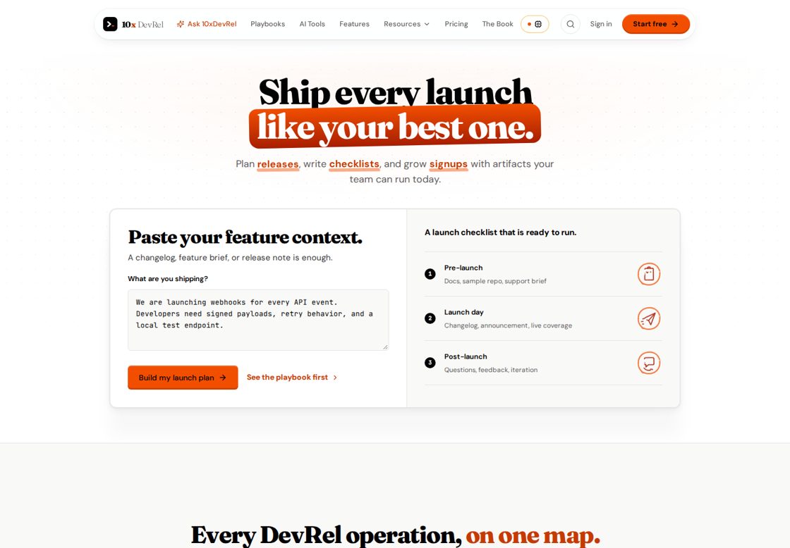 10x DevRel homepage, first screen