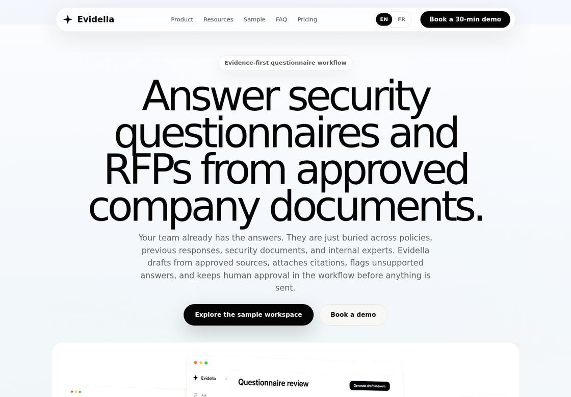 Evidella homepage, first screen