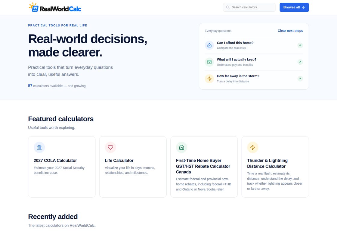 RealWorldCalc homepage, first screen