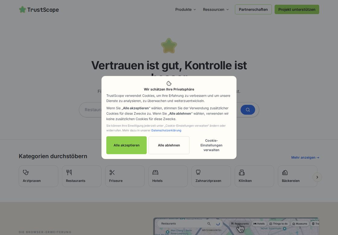 TrustScope homepage, first screen