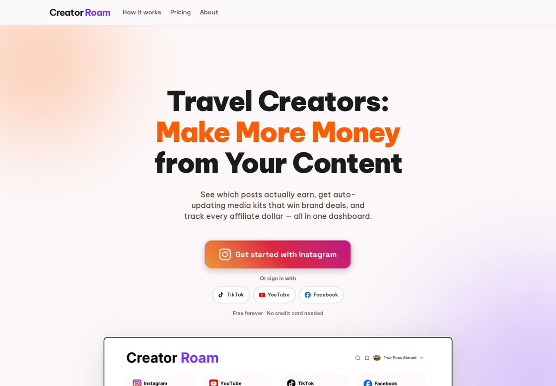 Creator Roam homepage, first screen