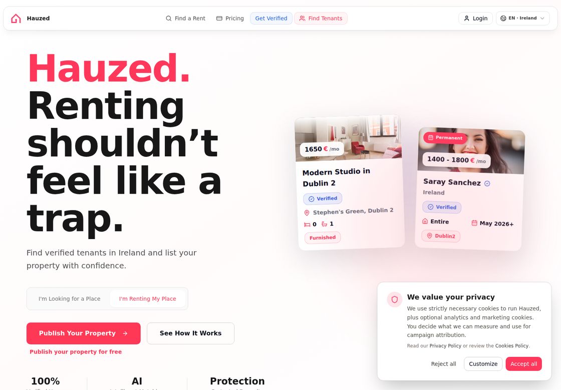 Hauzed homepage, first screen