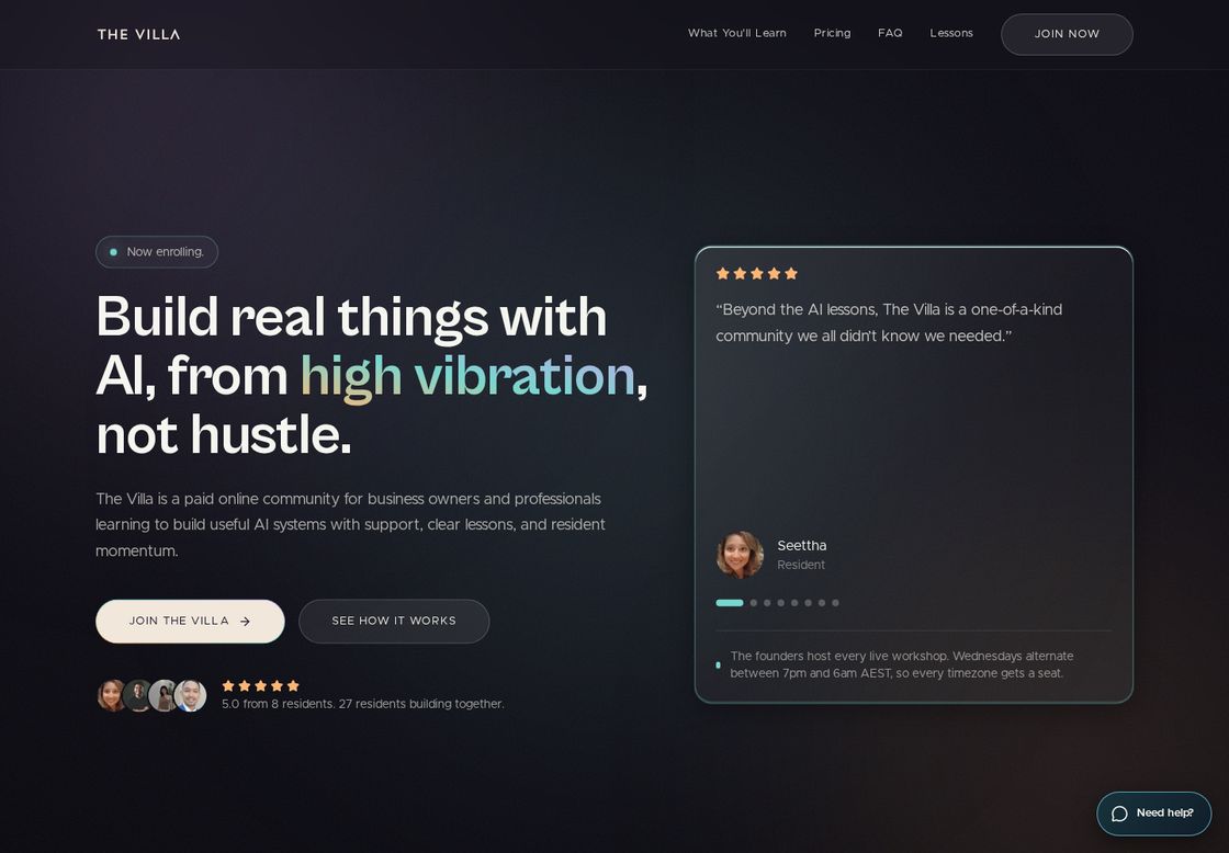 The Villa homepage, first screen