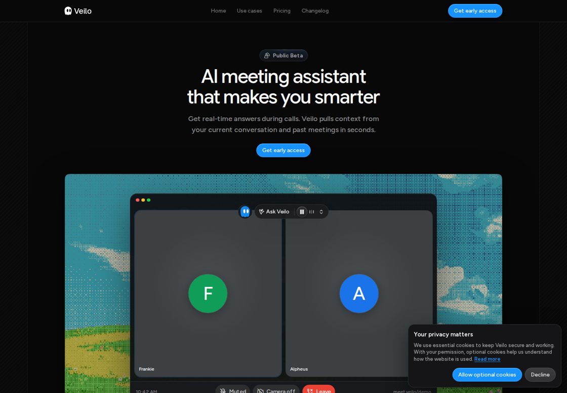 Veilo homepage, first screen
