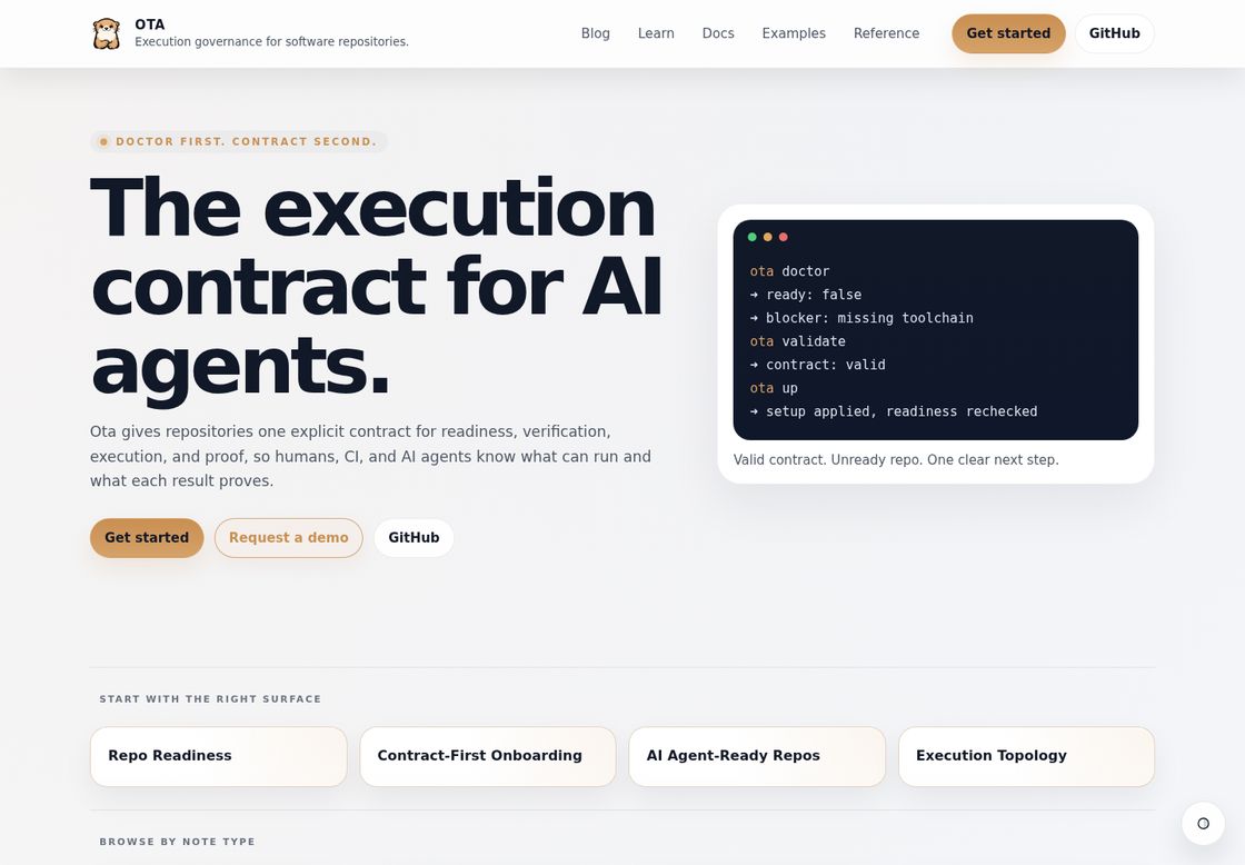 Ota homepage, first screen