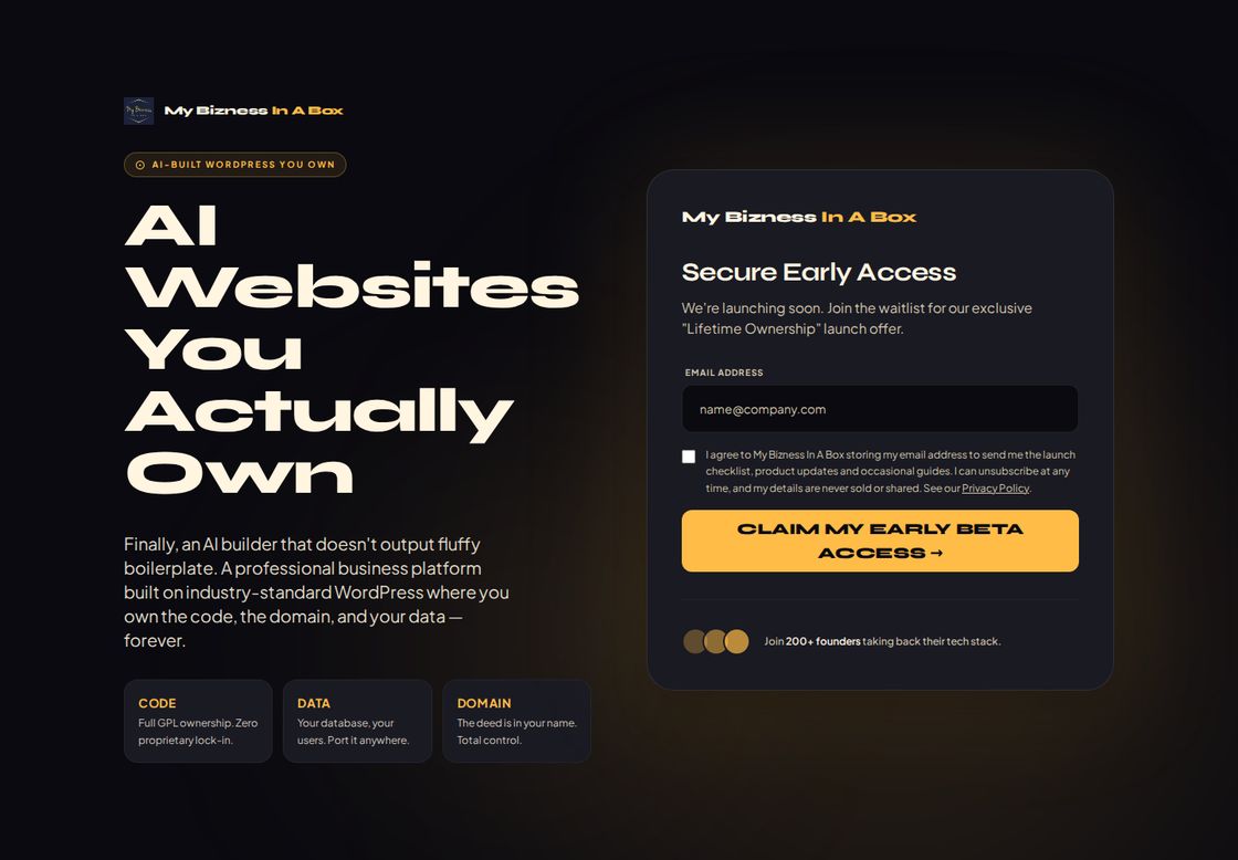 My Bizness In A Box homepage, first screen