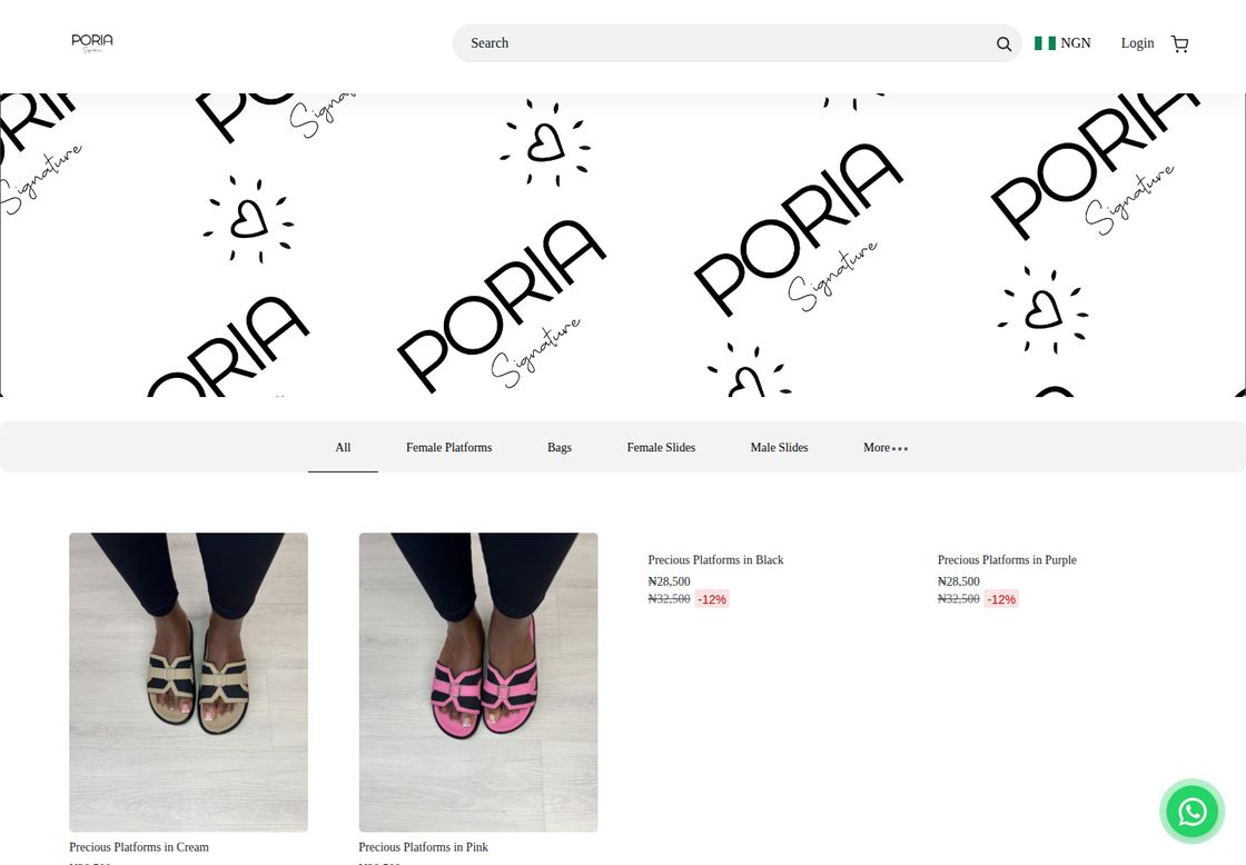 Poria Signature homepage, first screen
