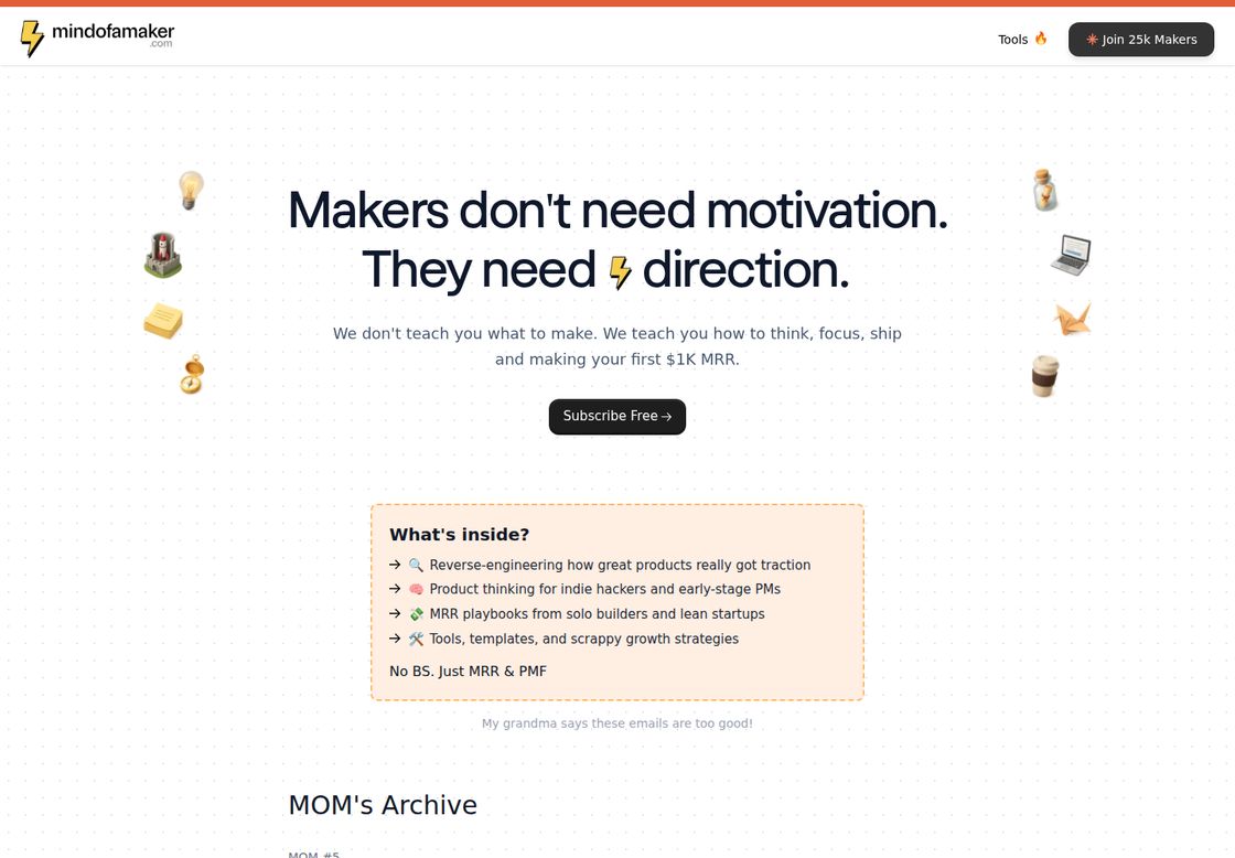 Mind of a Maker homepage, first screen