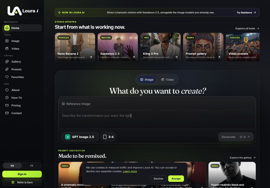 Loura AI homepage, first screen