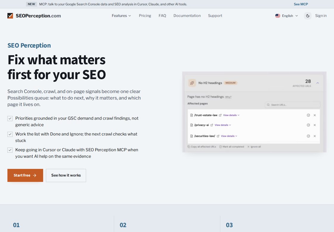 SEO Perception homepage, first screen