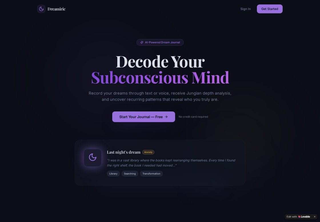 Dreamiric homepage, first screen