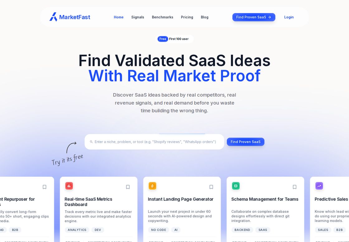 MarketFast homepage, first screen