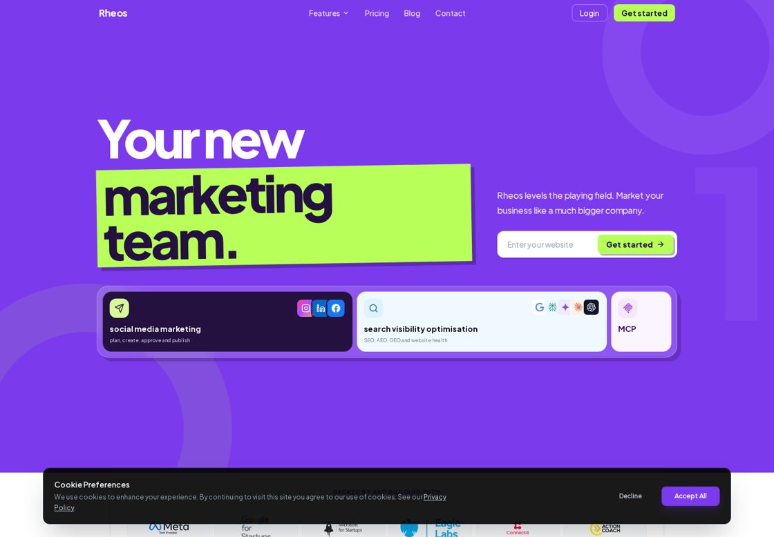Rheos homepage, first screen