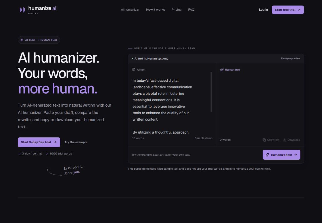 Humanize AI Writer homepage, first screen