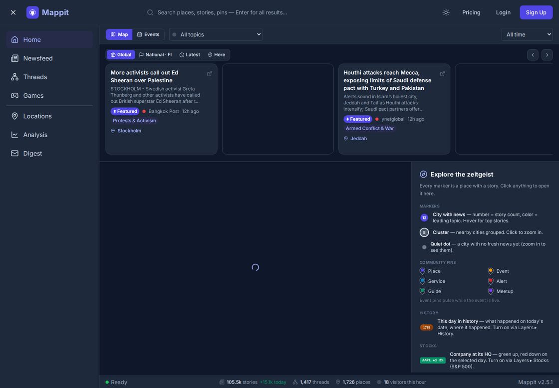 Mappit homepage, first screen