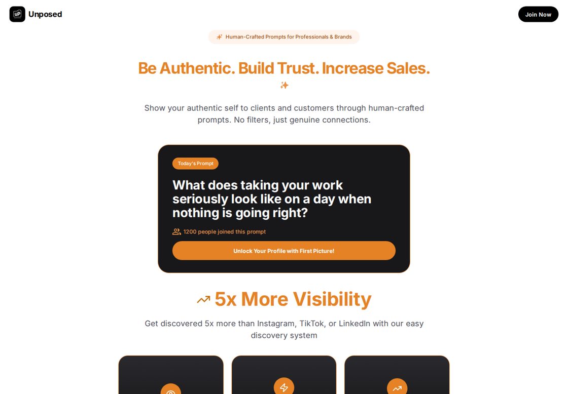 Unposed homepage, first screen