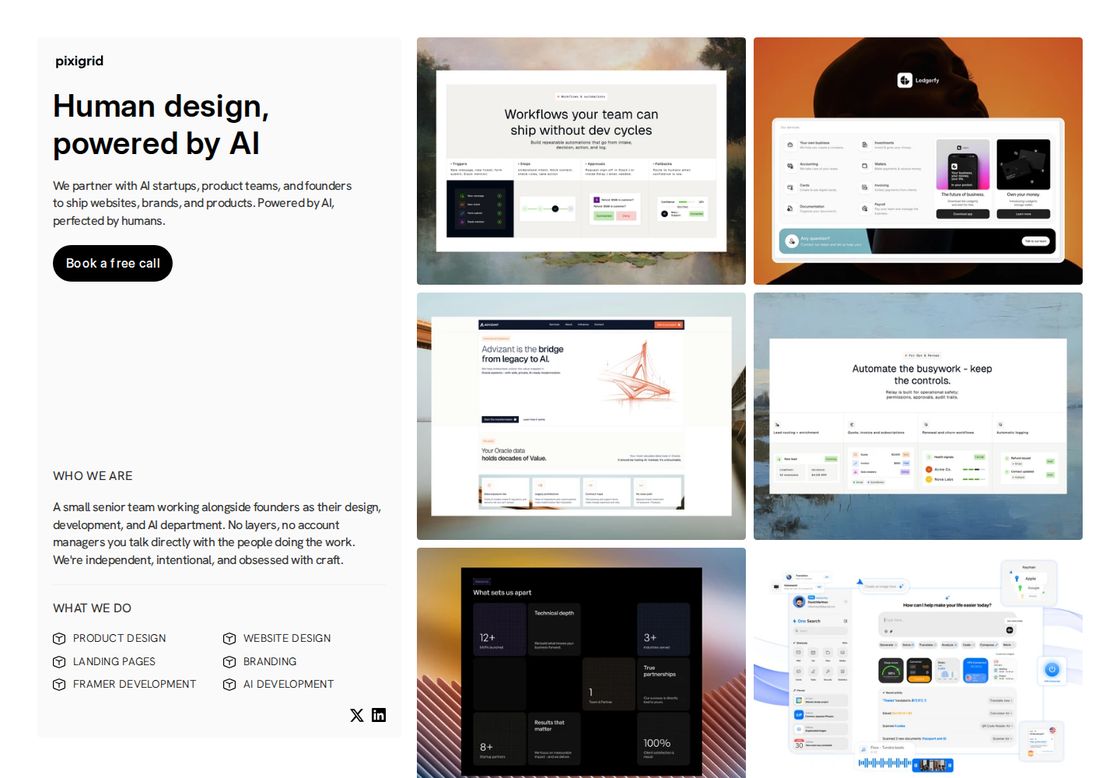 Pixigrid homepage, first screen