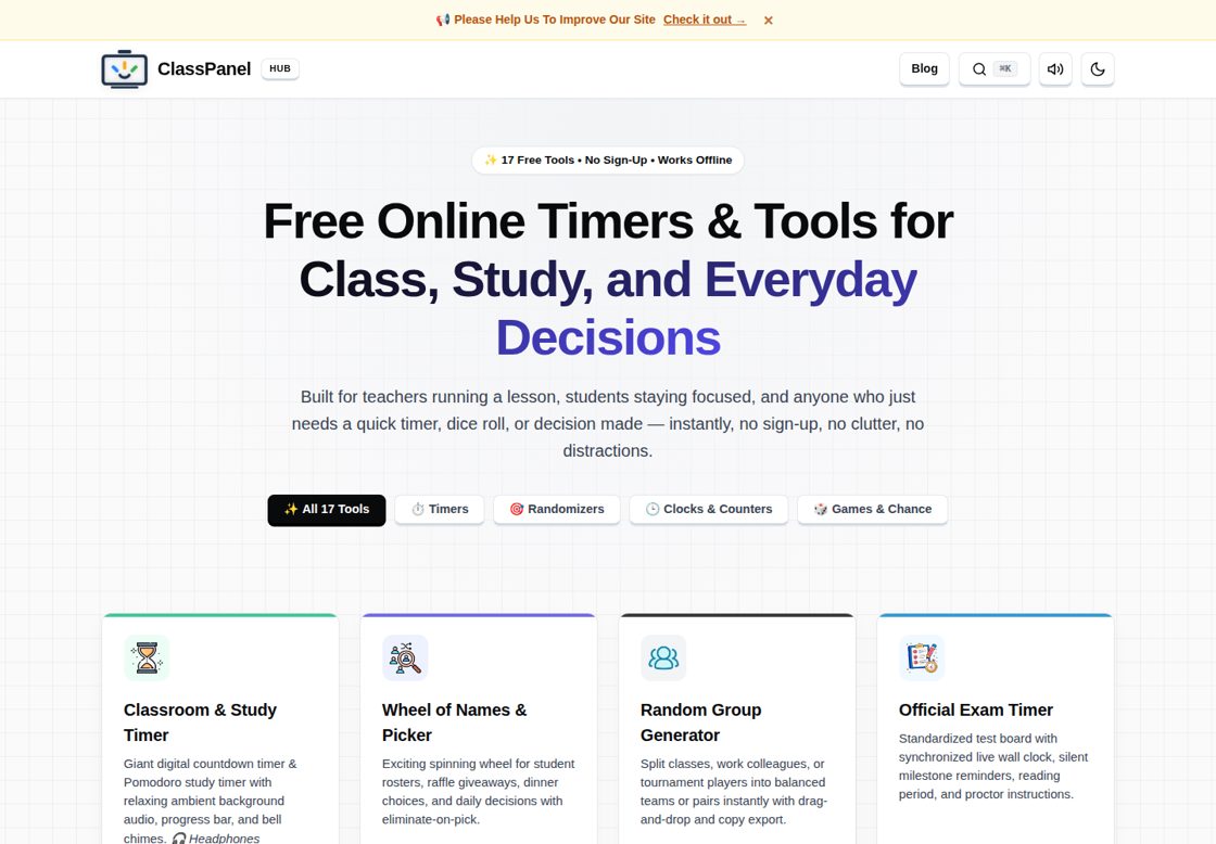 ClassPanel homepage, first screen