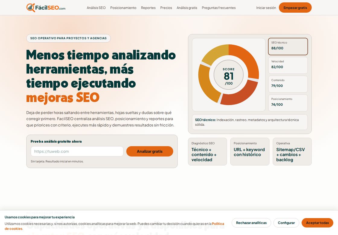 FacilSEO homepage, first screen