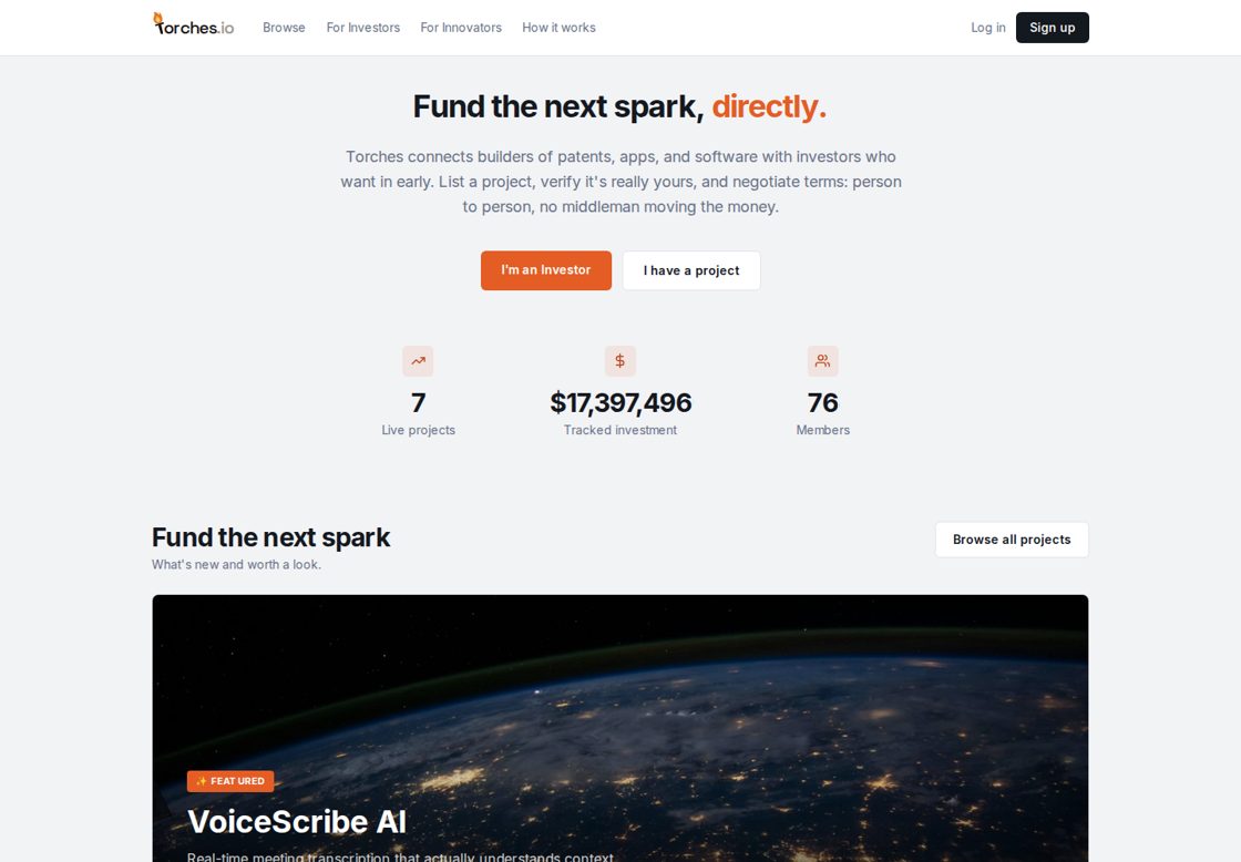 Torches homepage, first screen