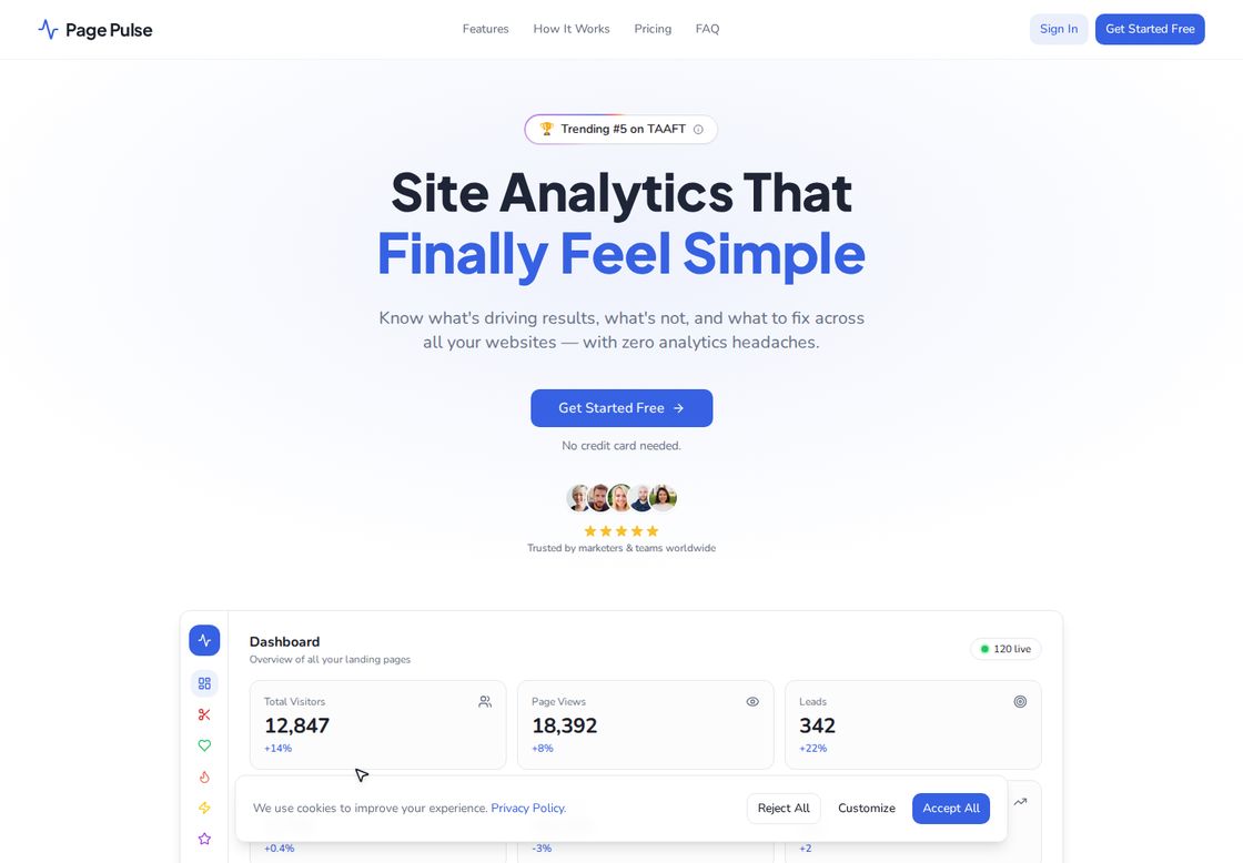 PagePulse homepage, first screen