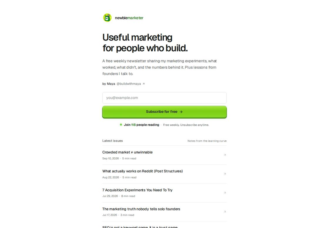 Newbie Marketer homepage, first screen