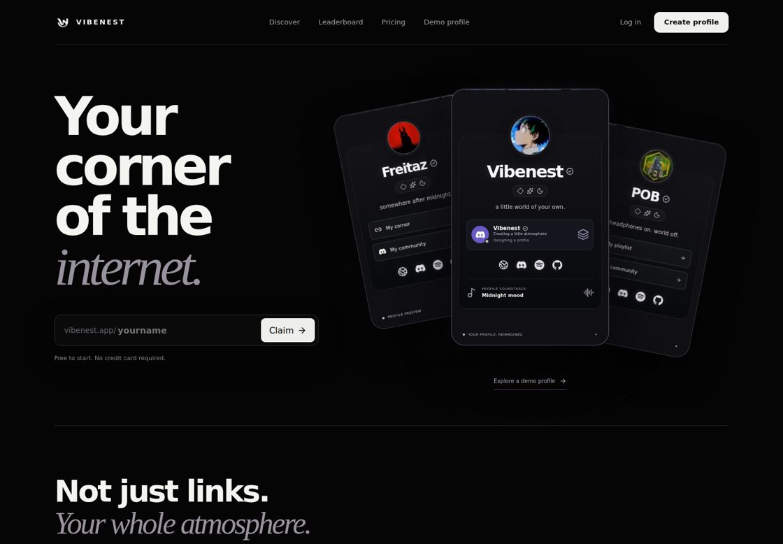 Vibenest homepage, first screen