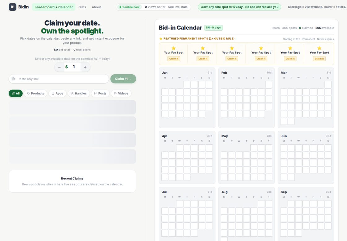 Bidin homepage, first screen