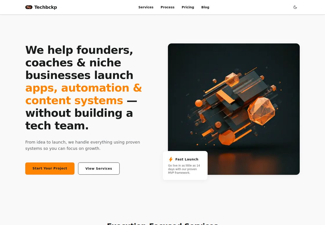 Techbckp homepage, first screen