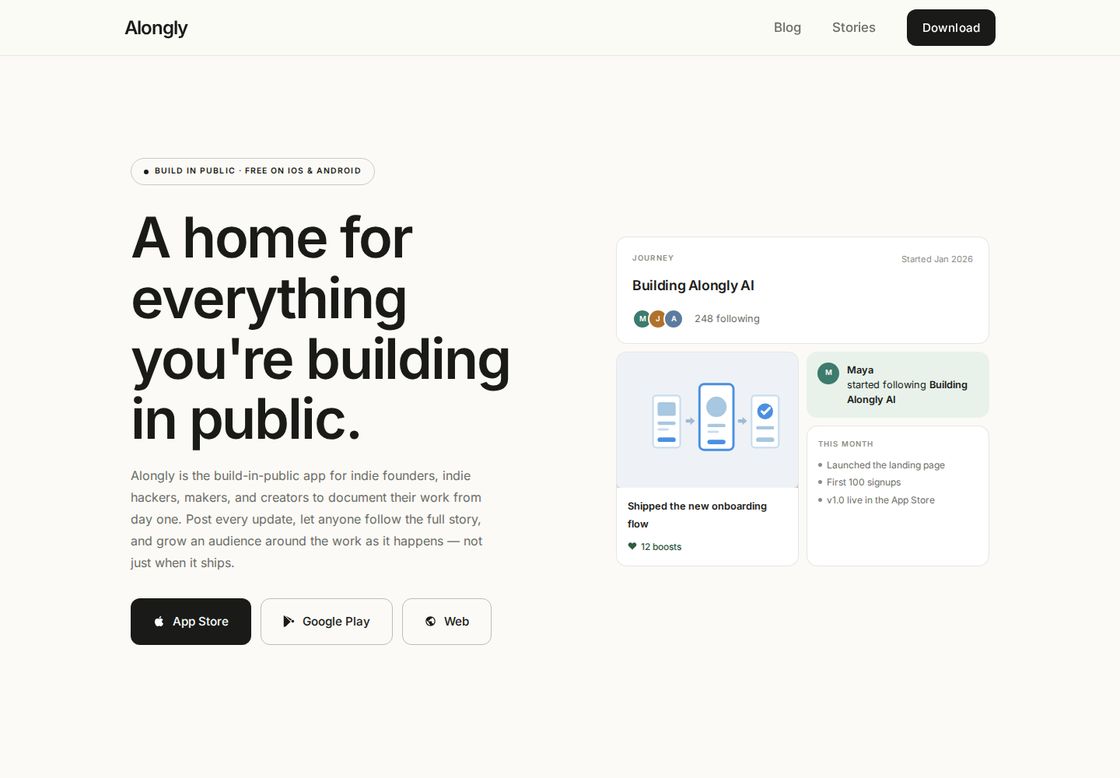 Alongly homepage, first screen