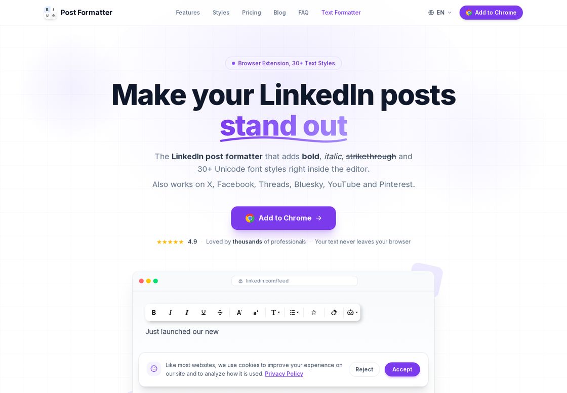 PostFormatter homepage, first screen