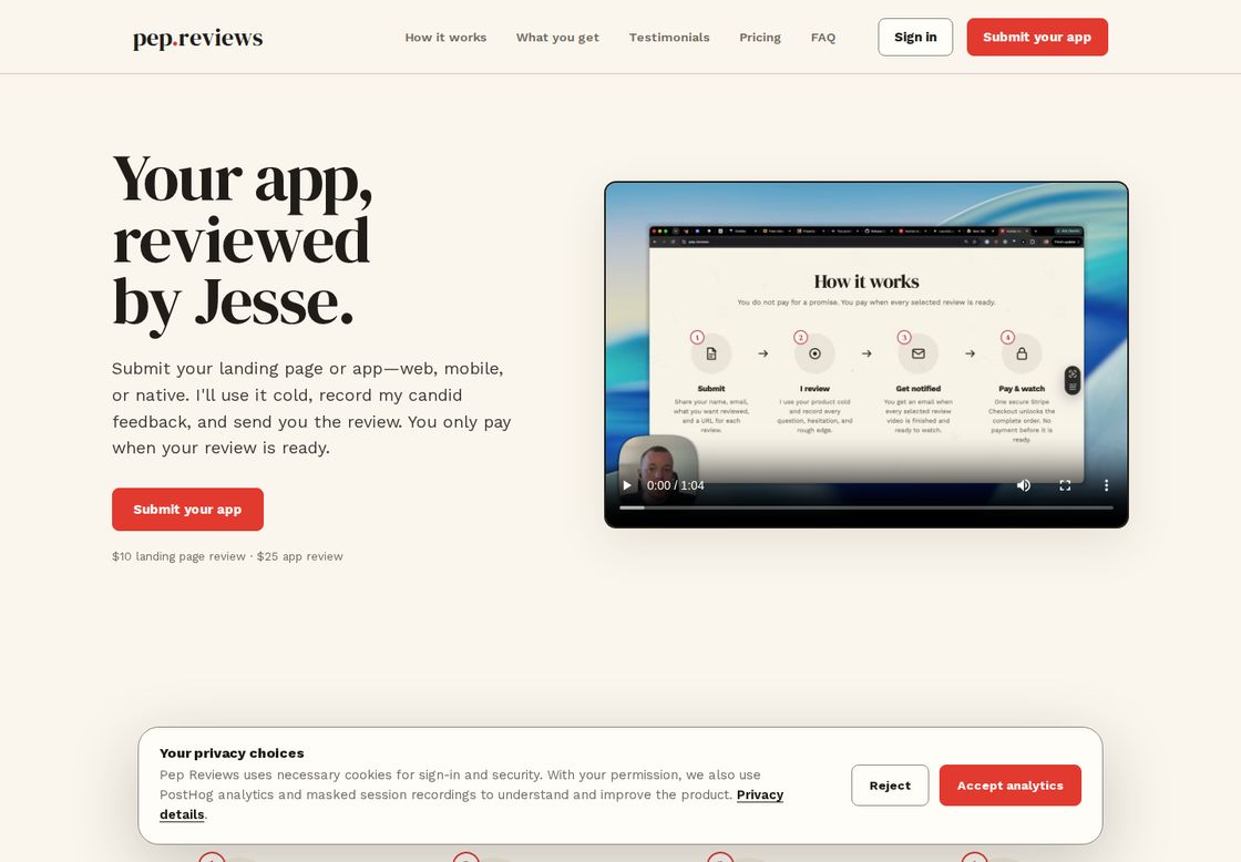 Pep Reviews homepage, first screen