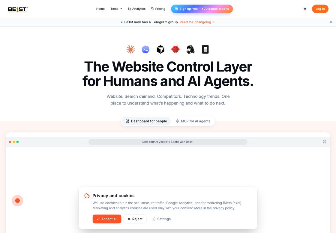 Be1st.ai homepage, first screen