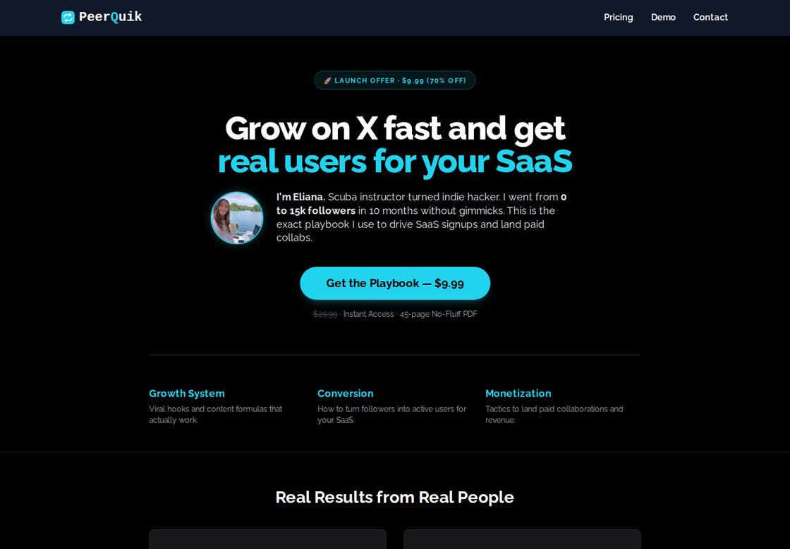 PeerQuik homepage, first screen