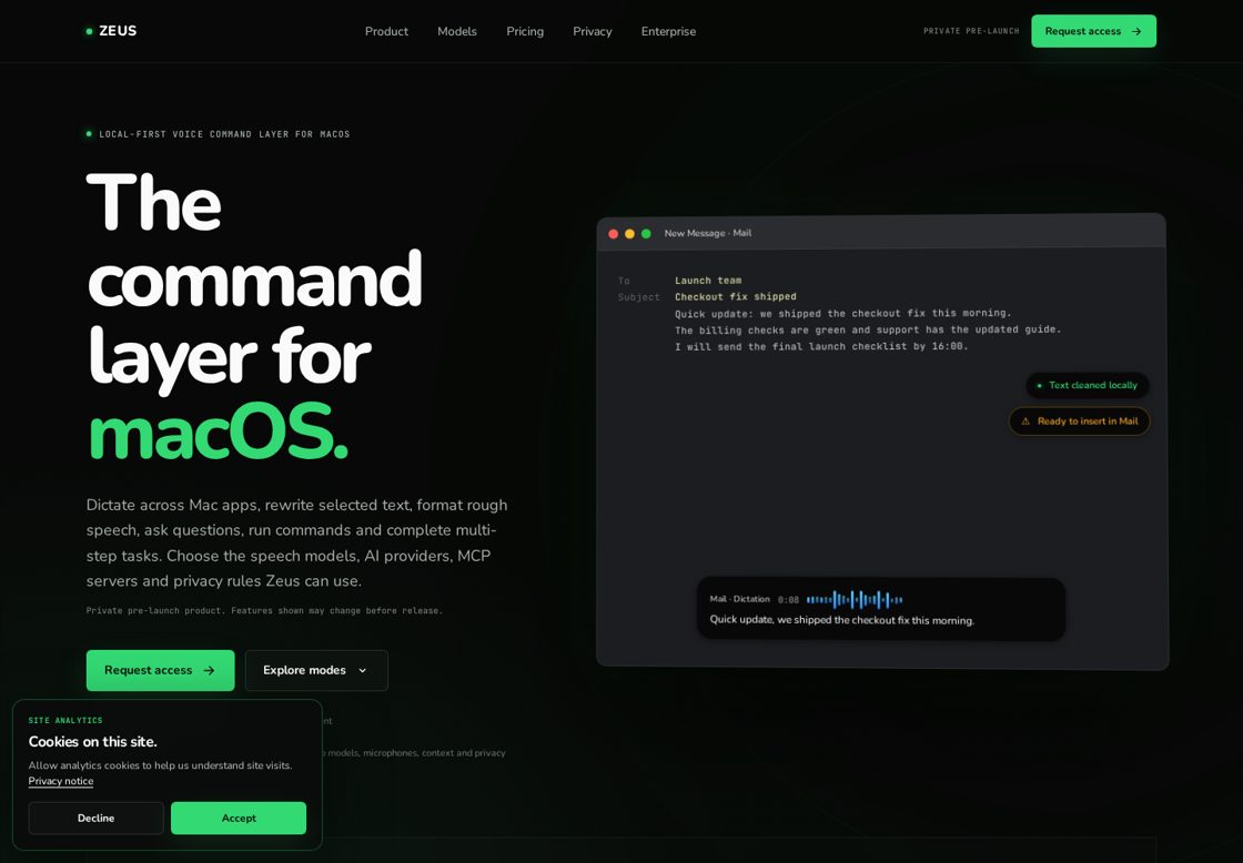 Zeus homepage, first screen