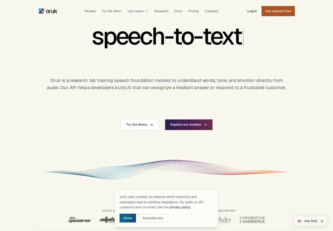 Oruk homepage, first screen