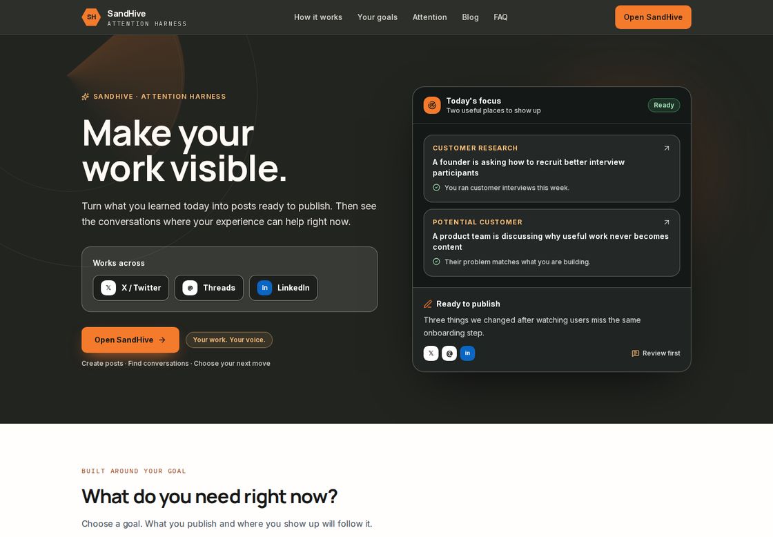 SandHive homepage, first screen