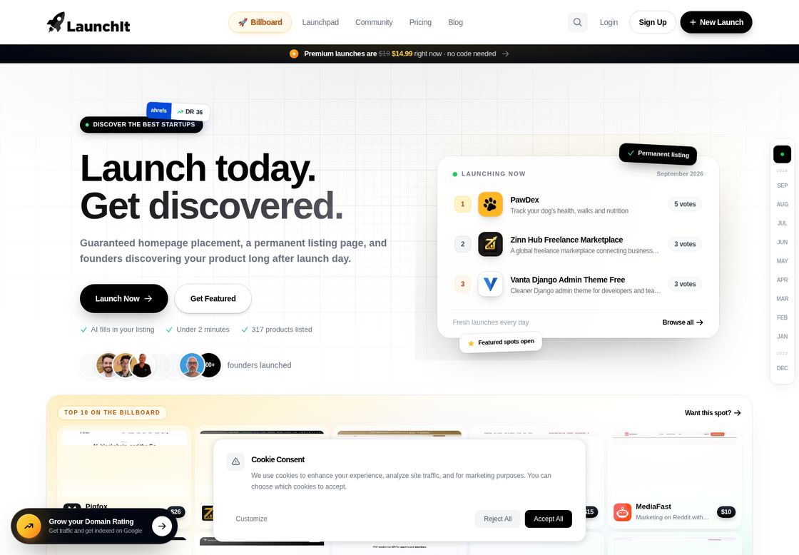 LaunchIt homepage, first screen