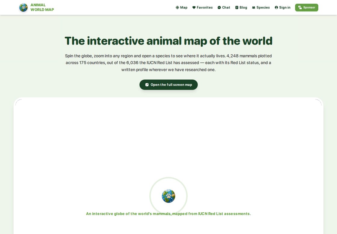 Animal World Map homepage, first screen