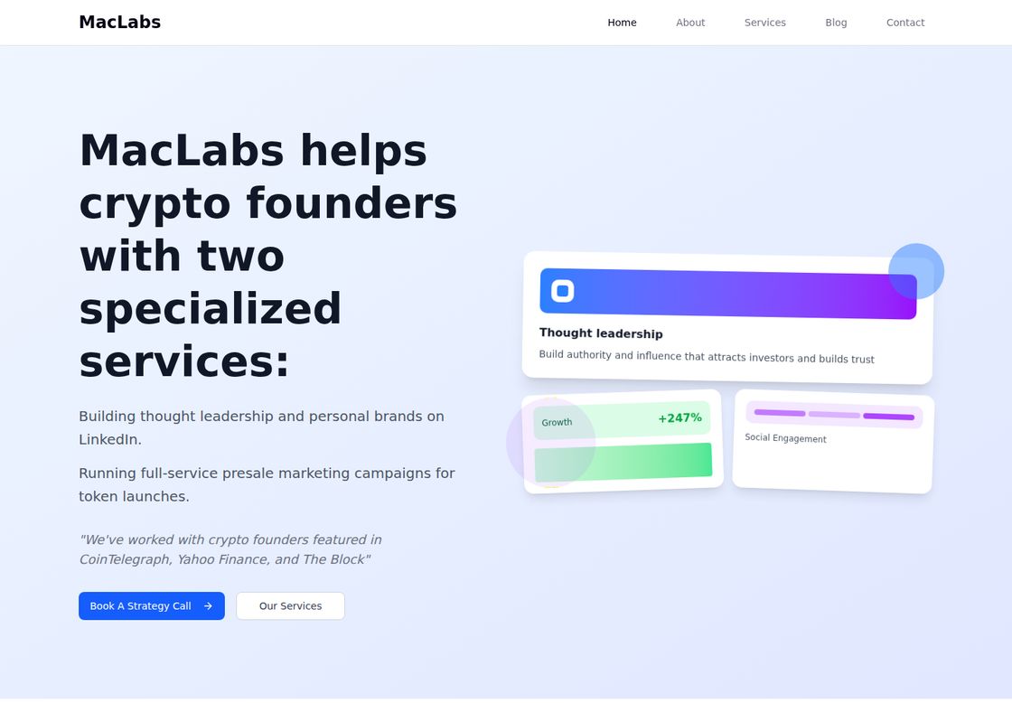 MacLabs Marketing homepage, first screen