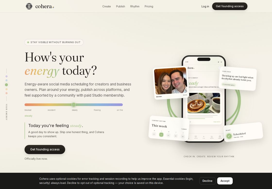 Cohera homepage, first screen