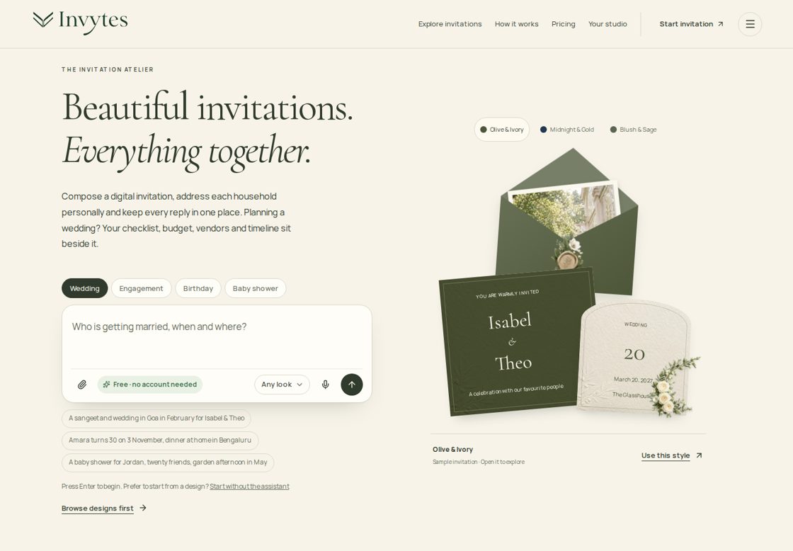 Invytes homepage, first screen