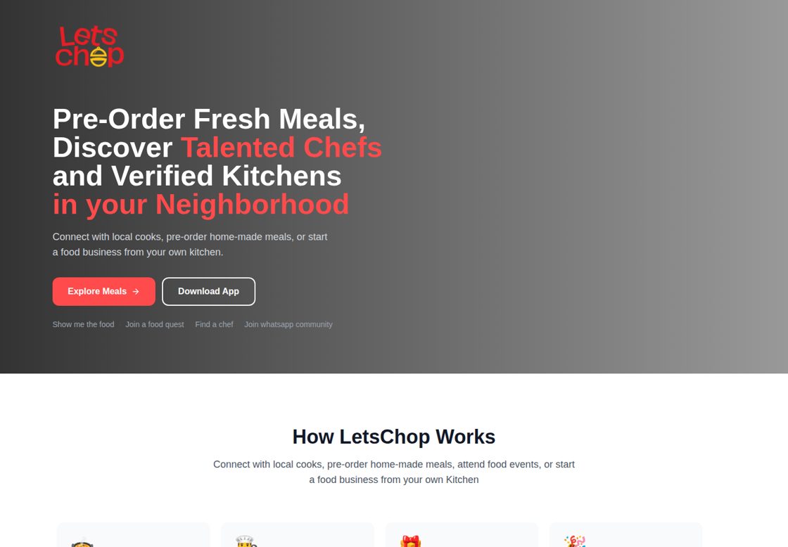 Letschop homepage, first screen